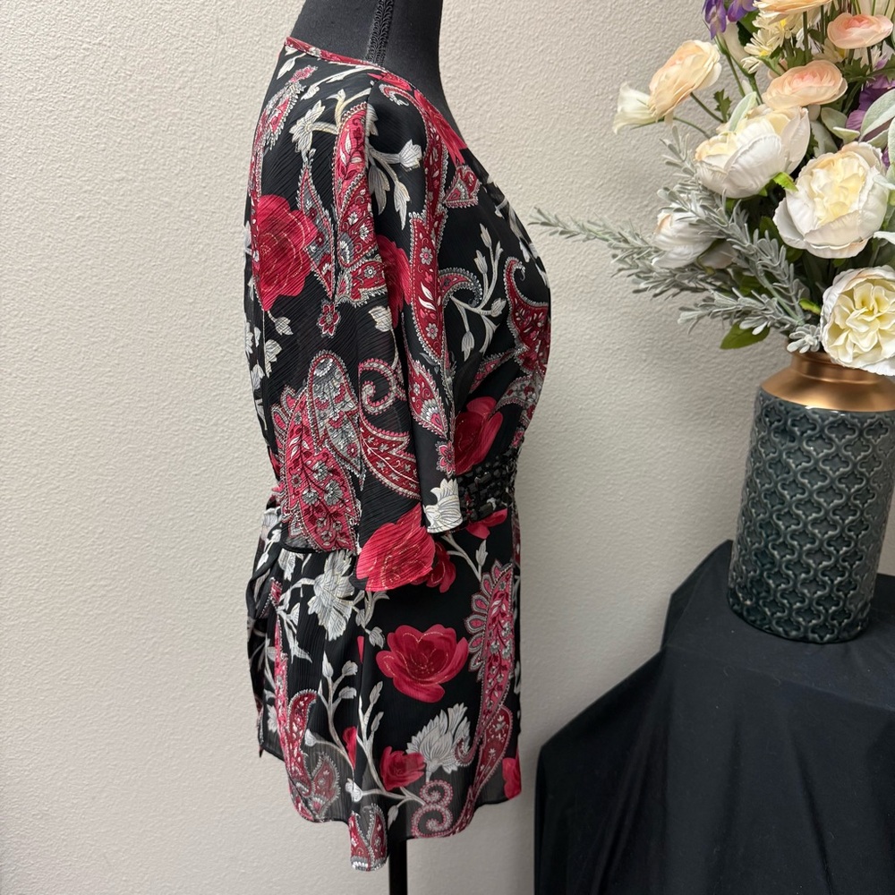 Apt. 9 Black Red Paisley Floral Beaded Waist Blouse L Dressy Boho Top - Picture 5 of 7